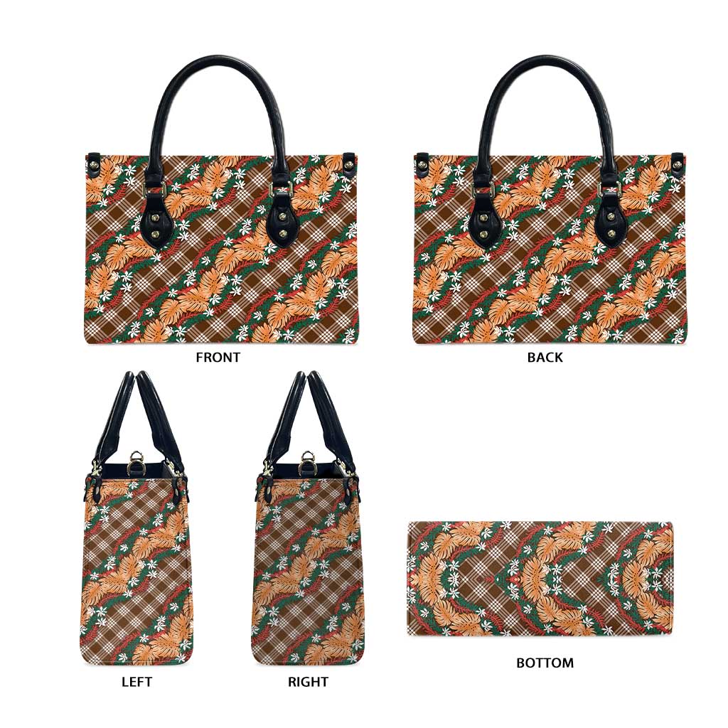 Polynesian Monstera Tiare Floral Leather Bag Chocolate Brown Tropical Plaid - Polynesian Pride