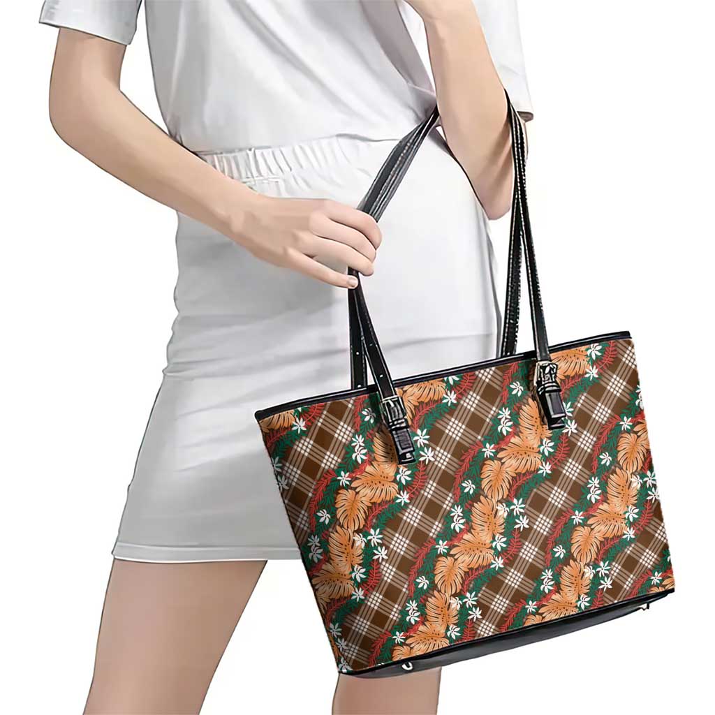 Polynesian Monstera Tiare Floral Leather Tote Bag Chocolate Brown Tropical Plaid - Polynesian Pride