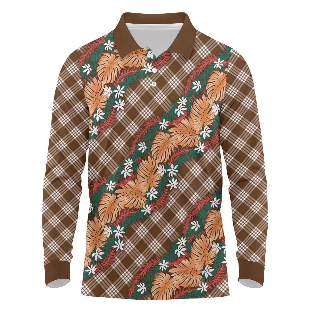Polynesian Monstera Tiare Floral Long Sleeve Polo Shirt Chocolate Brown Tropical Plaid - Polynesian Pride
