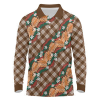 Polynesian Monstera Tiare Floral Long Sleeve Polo Shirt Chocolate Brown Tropical Plaid - Polynesian Pride