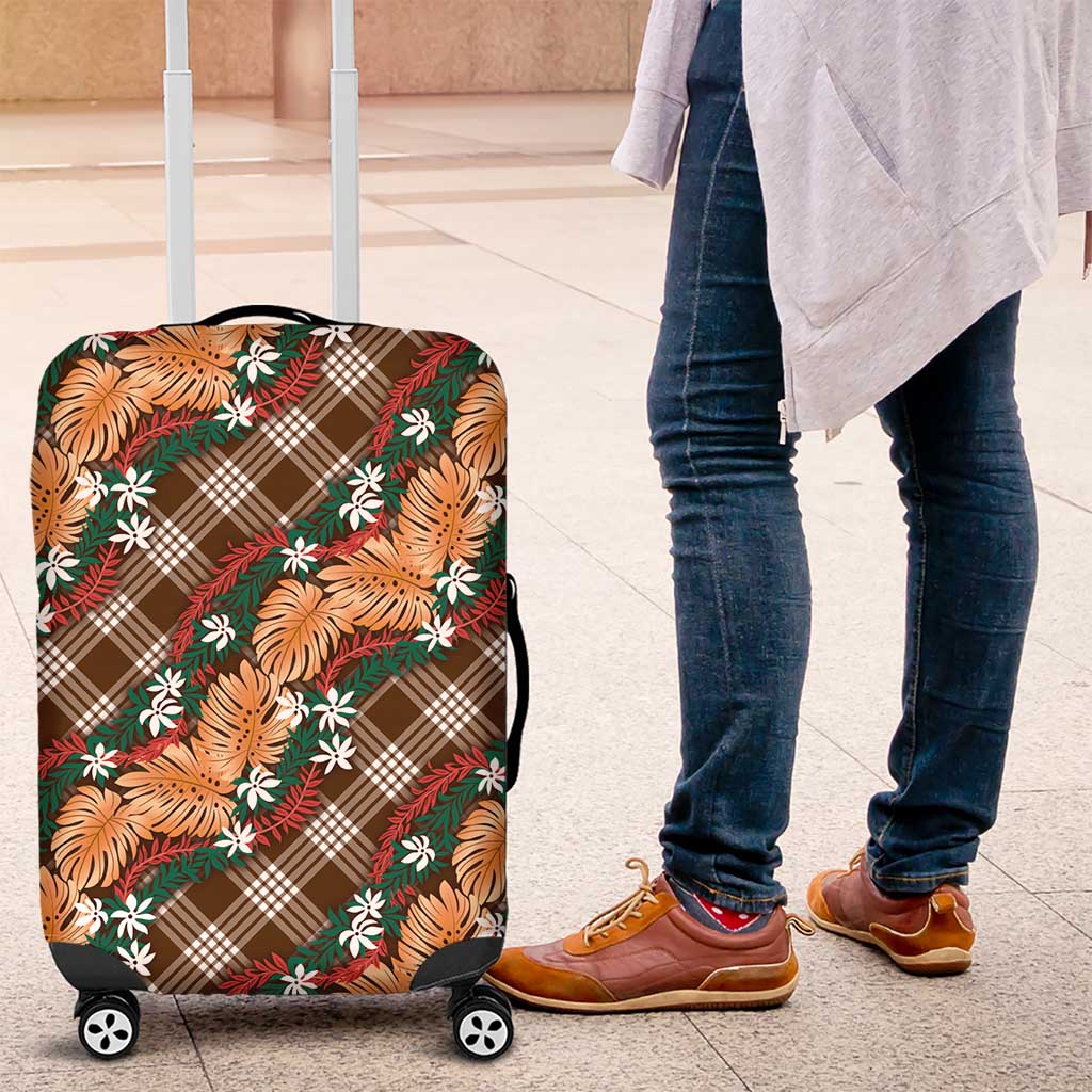Polynesian Monstera Tiare Floral Luggage Cover Chocolate Brown Tropical Plaid LT01 Brown - Polynesian Pride