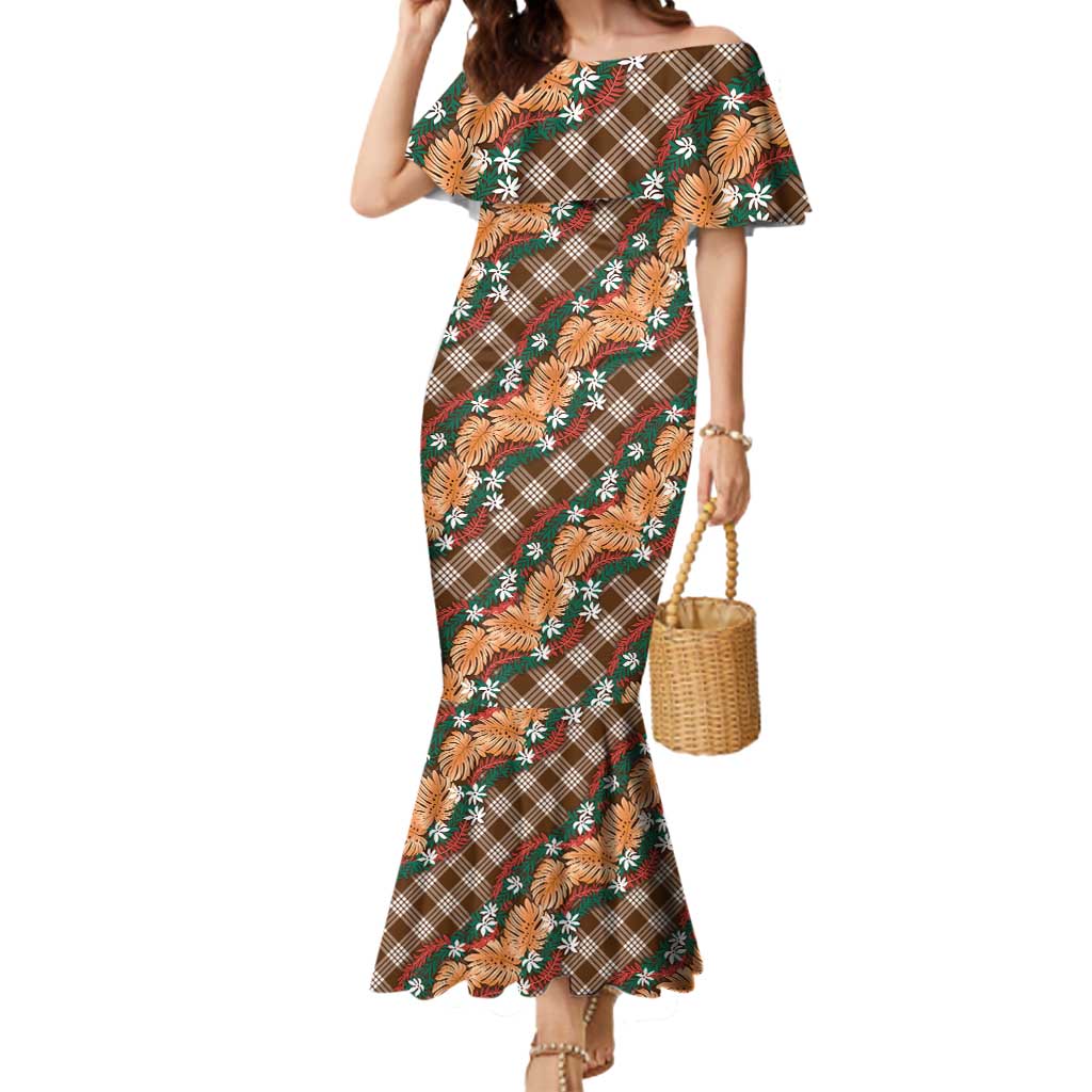 Polynesian Monstera Tiare Floral Mermaid Dress Chocolate Brown Tropical Plaid - Polynesian Pride