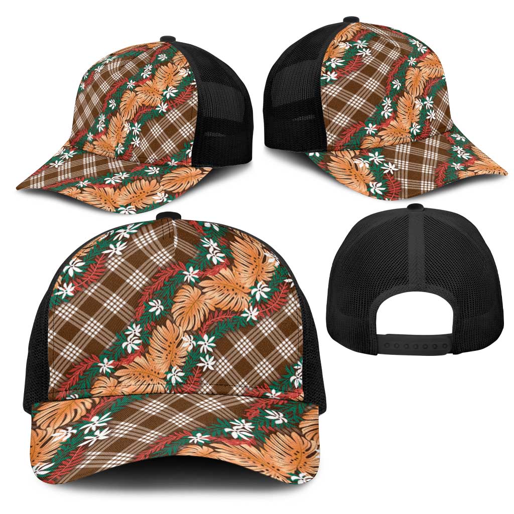 Polynesian Monstera Tiare Floral Mesh Trucker Cap Chocolate Brown Tropical Plaid - Polynesian Pride