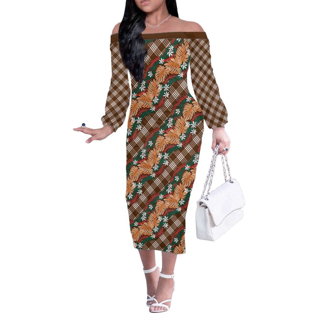 Polynesian Monstera Tiare Floral Off The Shoulder Long Sleeve Dress Chocolate Brown Tropical Plaid - Polynesian Pride
