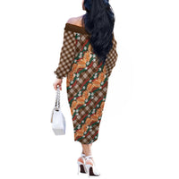 Polynesian Monstera Tiare Floral Off The Shoulder Long Sleeve Dress Chocolate Brown Tropical Plaid - Polynesian Pride