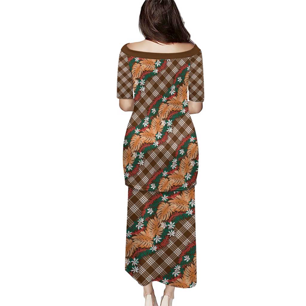 Polynesian Monstera Tiare Floral Puletasi Chocolate Brown Tropical Plaid - Polynesian Pride