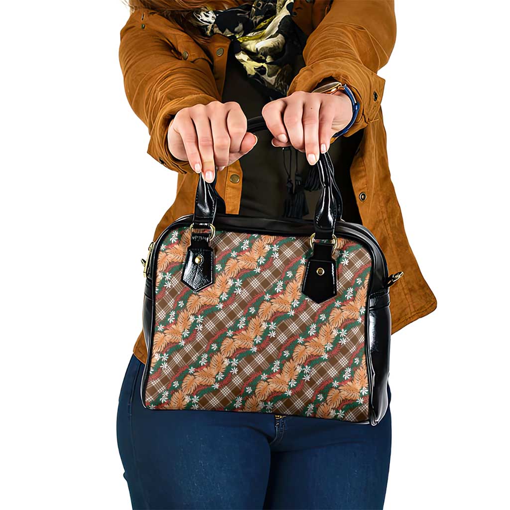 Polynesian Monstera Tiare Floral Shoulder Handbag Chocolate Brown Tropical Plaid - Polynesian Pride