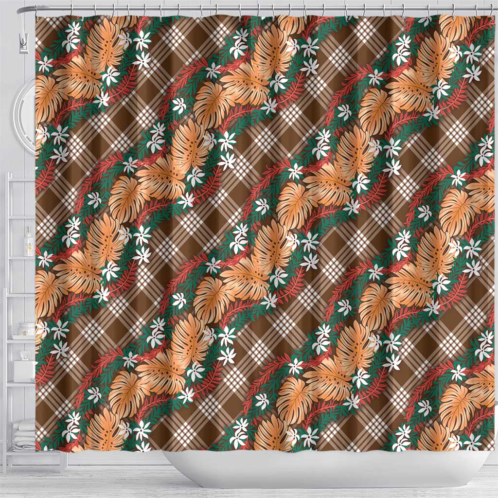 Polynesian Monstera Tiare Floral Shower Curtain Chocolate Brown Tropical Plaid LT01 - Polynesian Pride