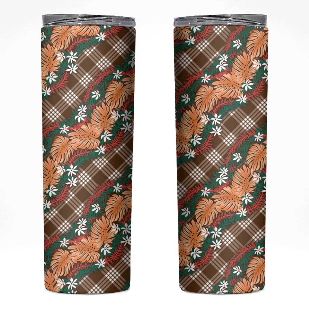 Polynesian Monstera Tiare Floral Skinny Tumbler Chocolate Brown Tropical Plaid LT01 Brown - Polynesian Pride