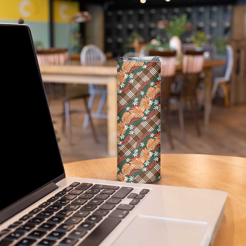 Polynesian Monstera Tiare Floral Skinny Tumbler Chocolate Brown Tropical Plaid - Polynesian Pride