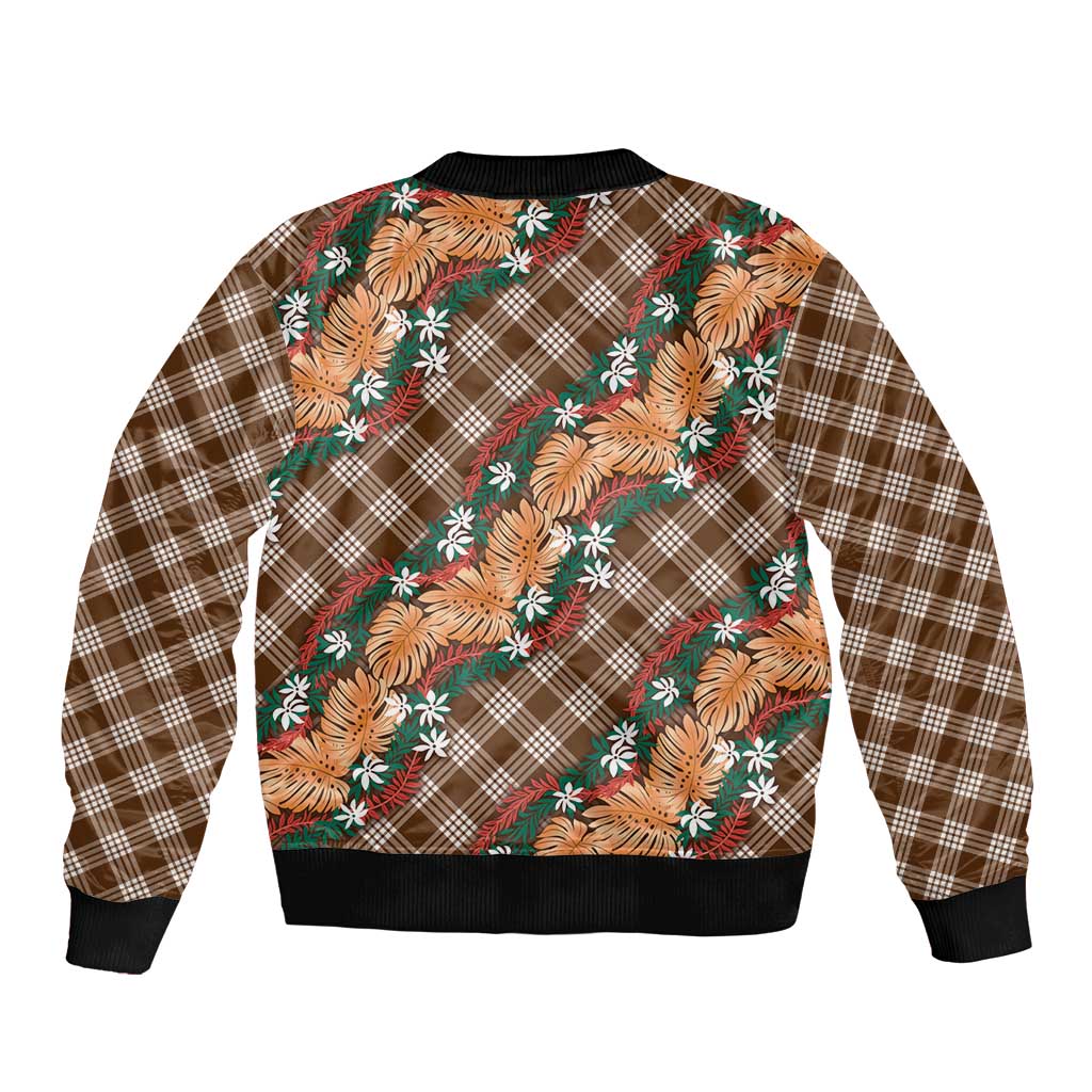 Polynesian Monstera Tiare Floral Sleeve Zip Bomber Jacket Chocolate Brown Tropical Plaid LT01 - Polynesian Pride