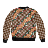 Polynesian Monstera Tiare Floral Sleeve Zip Bomber Jacket Chocolate Brown Tropical Plaid LT01 - Polynesian Pride