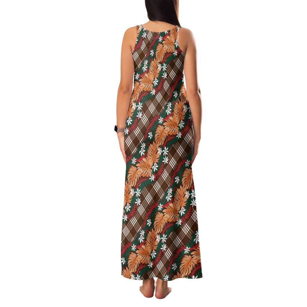 Polynesian Monstera Tiare Floral Tank Maxi Dress Chocolate Brown Tropical Plaid LT01 - Polynesian Pride