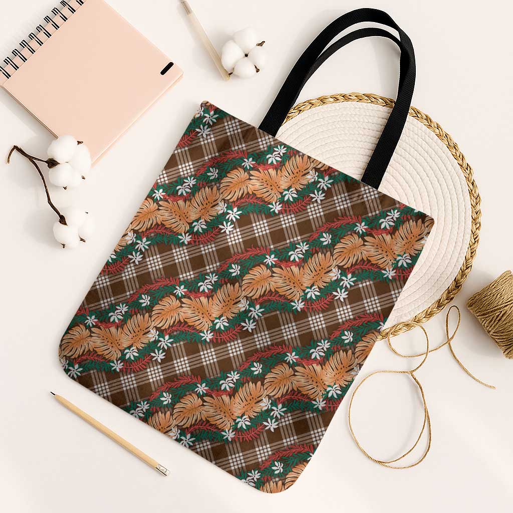 Polynesian Monstera Tiare Floral Tote Bag Chocolate Brown Tropical Plaid - Polynesian Pride