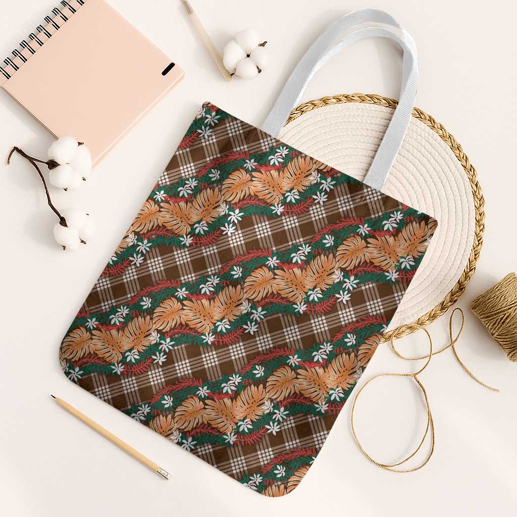 Polynesian Monstera Tiare Floral Tote Bag Chocolate Brown Tropical Plaid - Polynesian Pride