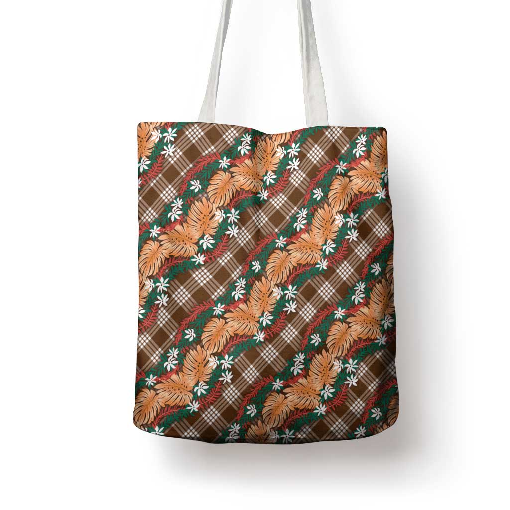 Polynesian Monstera Tiare Floral Tote Bag Chocolate Brown Tropical Plaid - Polynesian Pride