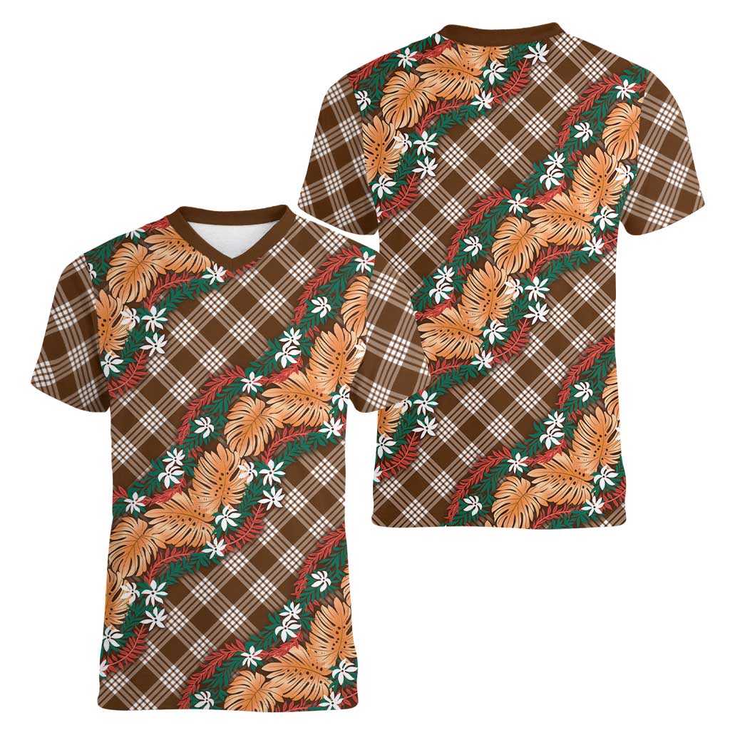 Polynesian Monstera Tiare Floral Women V-Neck T-Shirt Chocolate Brown Tropical Plaid - Polynesian Pride