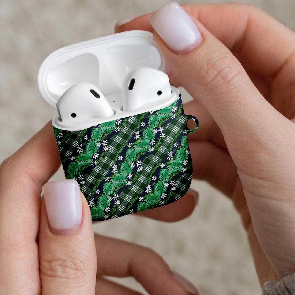 Polynesian Monstera Tiare Floral AirPods Case Forest Green Tropical Plaid - Polynesian Pride