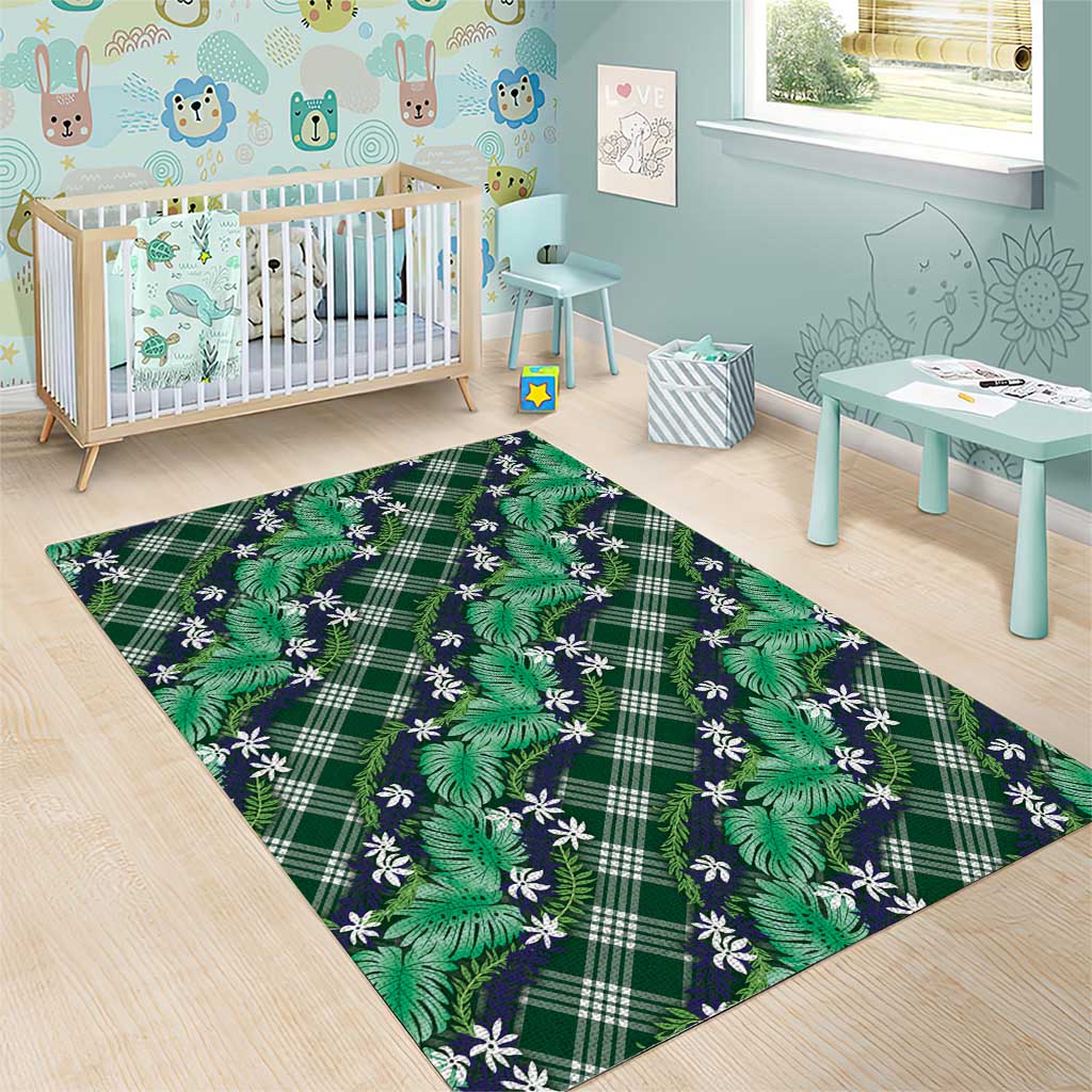 Polynesian Monstera Tiare Floral Area Rug Forest Green Tropical Plaid - Polynesian Pride