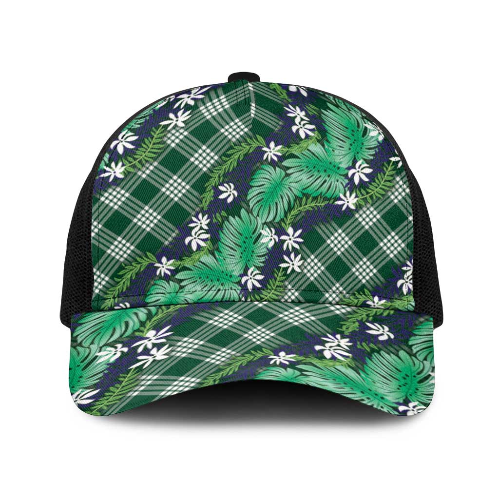 Polynesian Monstera Tiare Floral Baseball Net Cap Forest Green Tropical Plaid - Polynesian Pride