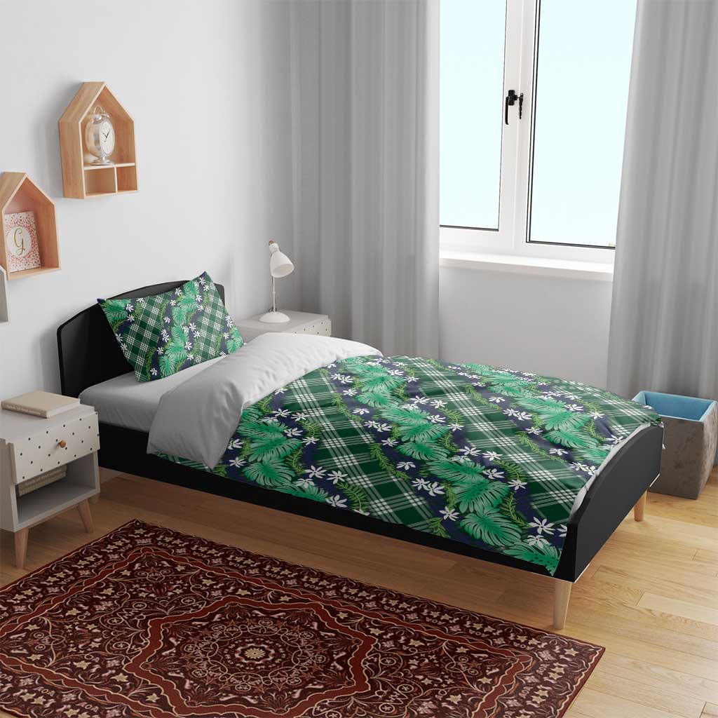 Polynesian Monstera Tiare Floral Bedding Set Forest Green Tropical Plaid - Polynesian Pride
