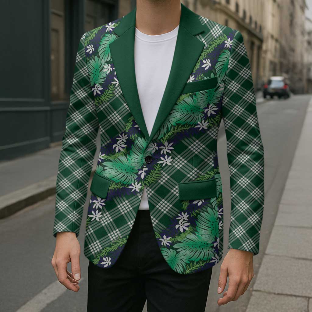 Polynesian Monstera Tiare Floral Blazer Forest Green Tropical Plaid - Polynesian Pride