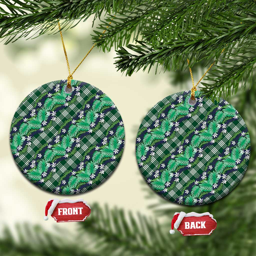 Polynesian Monstera Tiare Floral Ceramic Ornament Forest Green Tropical Plaid - Polynesian Pride