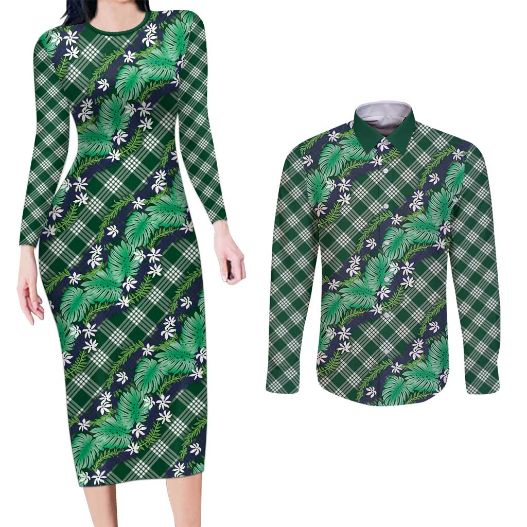 Polynesian Monstera Tiare Floral Couples Matching Long Sleeve Bodycon Dress and Long Sleeve Button Shirt Forest Green Tropical Plaid LT01 Green - Polynesian Pride