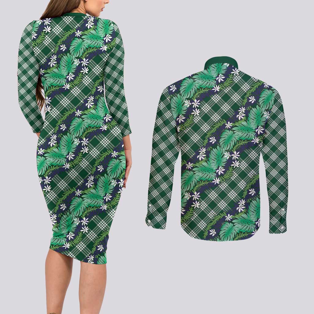 Polynesian Monstera Tiare Floral Couples Matching Long Sleeve Bodycon Dress and Long Sleeve Button Shirt Forest Green Tropical Plaid - Polynesian Pride