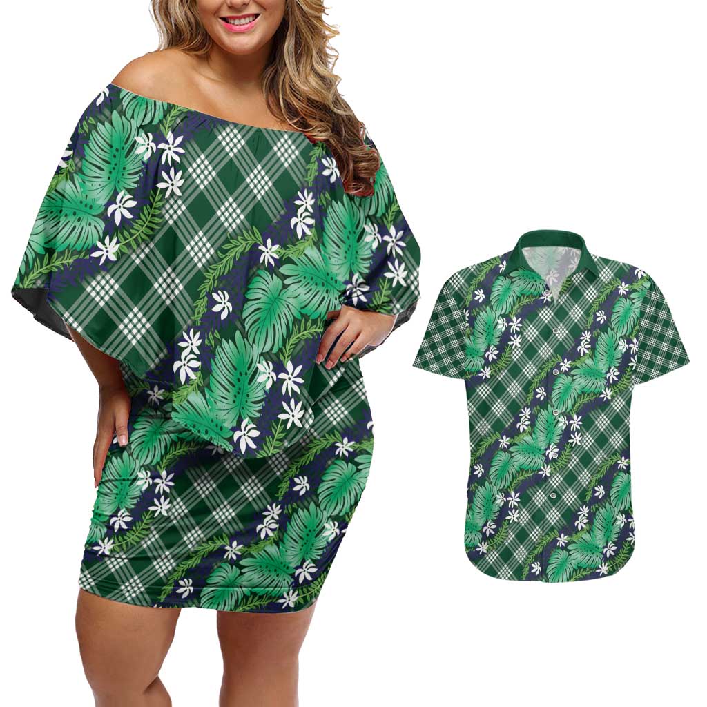 Polynesian Monstera Tiare Floral Couples Matching Off Shoulder Short Dress and Hawaiian Shirt Forest Green Tropical Plaid LT01 Green - Polynesian Pride
