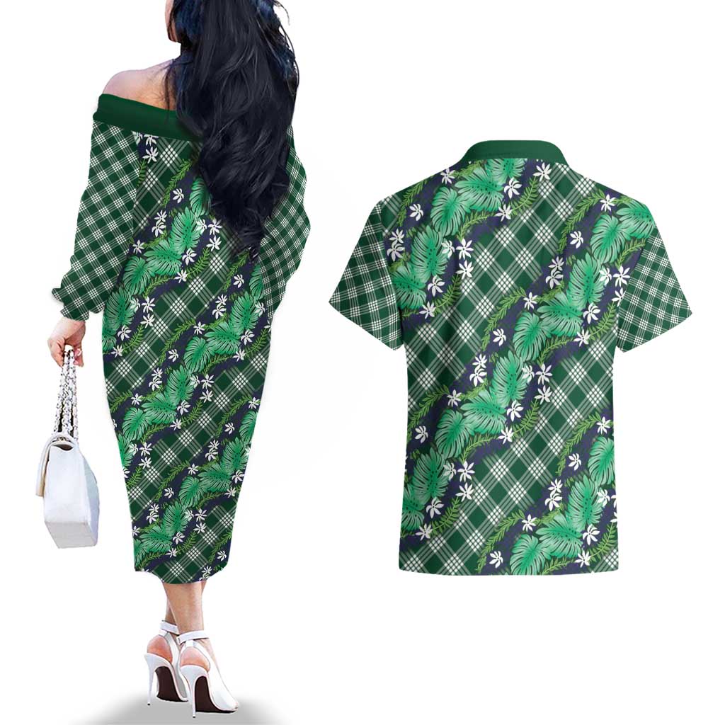 Polynesian Monstera Tiare Floral Couples Matching Off The Shoulder Long Sleeve Dress and Hawaiian Shirt Forest Green Tropical Plaid LT01 - Polynesian Pride