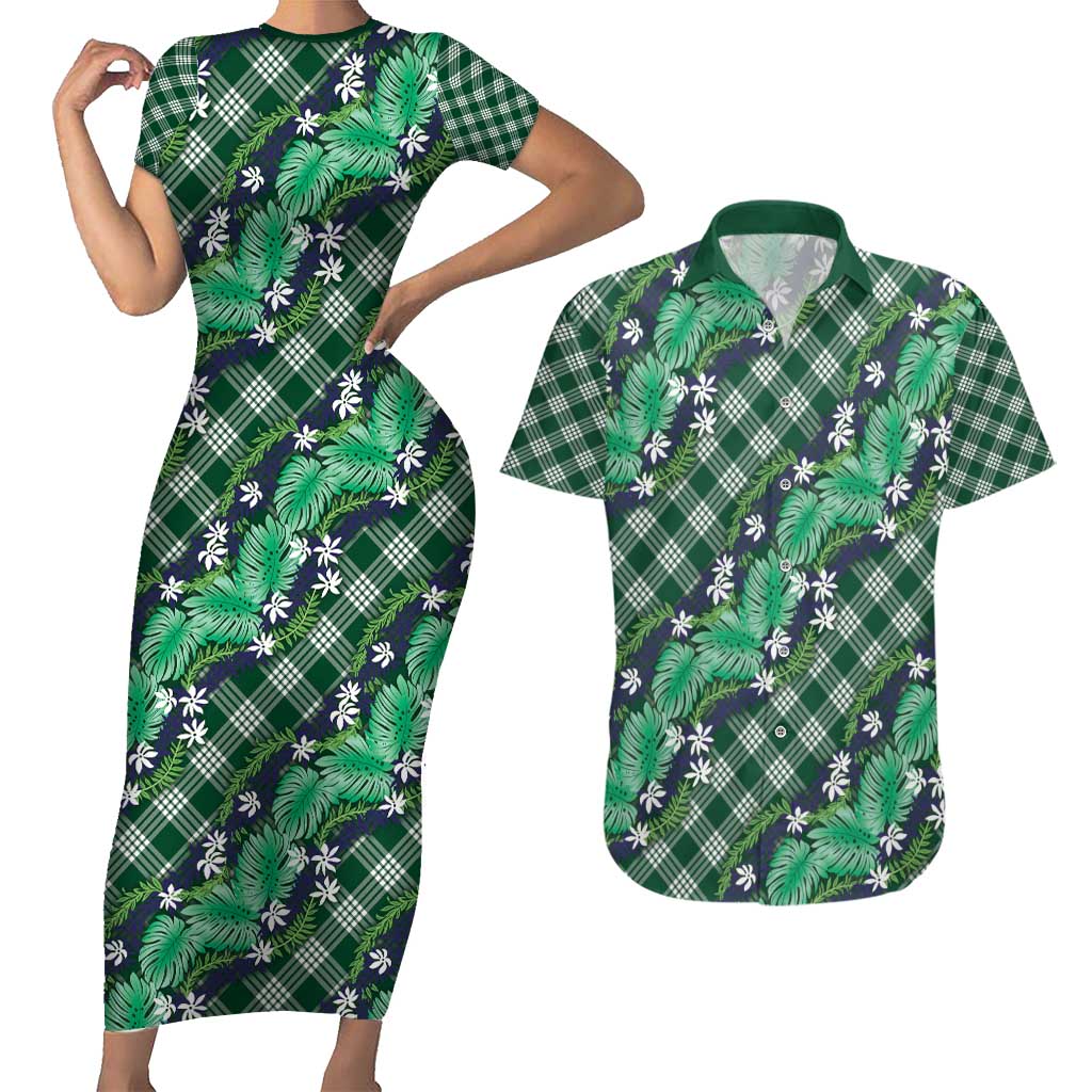 Polynesian Monstera Tiare Floral Couples Matching Short Sleeve Bodycon Dress and Hawaiian Shirt Forest Green Tropical Plaid LT01 Green - Polynesian Pride