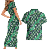 Polynesian Monstera Tiare Floral Couples Matching Short Sleeve Bodycon Dress and Hawaiian Shirt Forest Green Tropical Plaid LT01 - Polynesian Pride