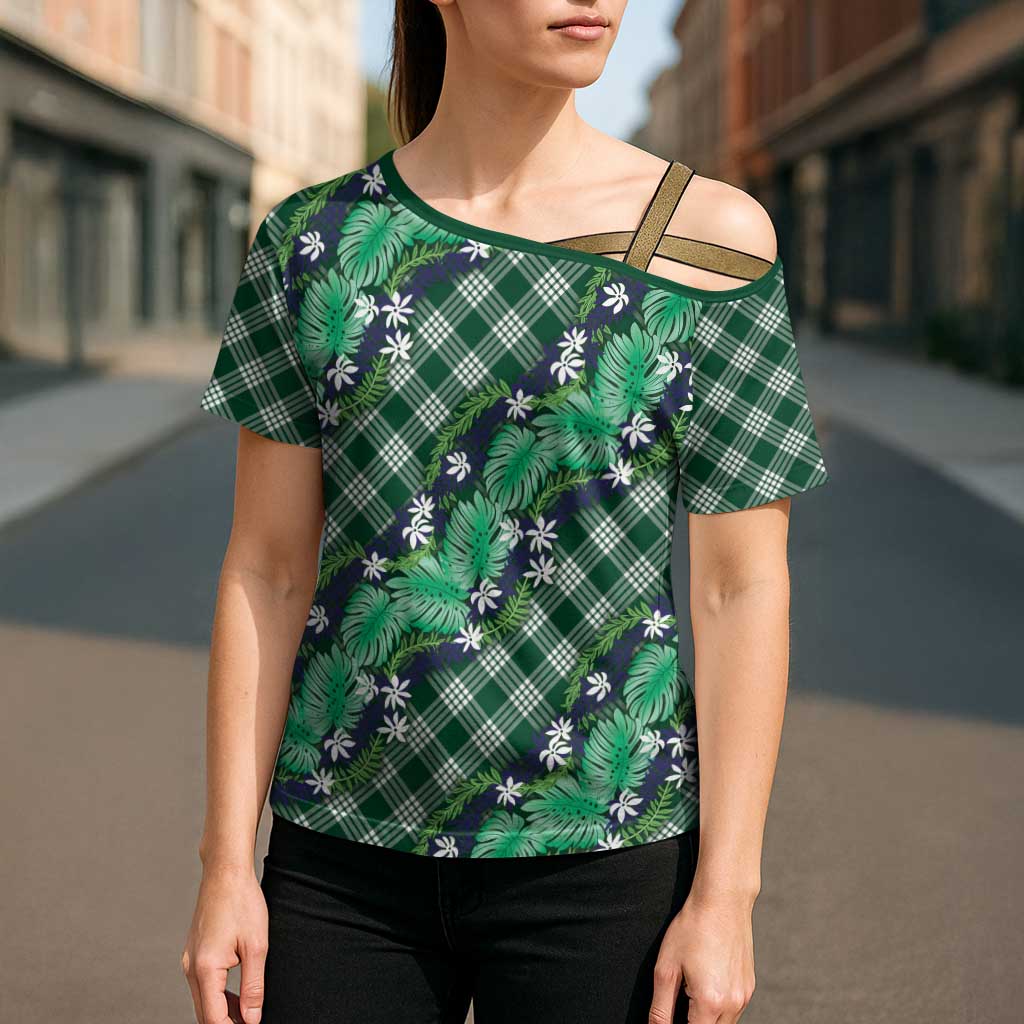 Polynesian Monstera Tiare Floral Cross Shoulder Shirt Forest Green Tropical Plaid - Polynesian Pride