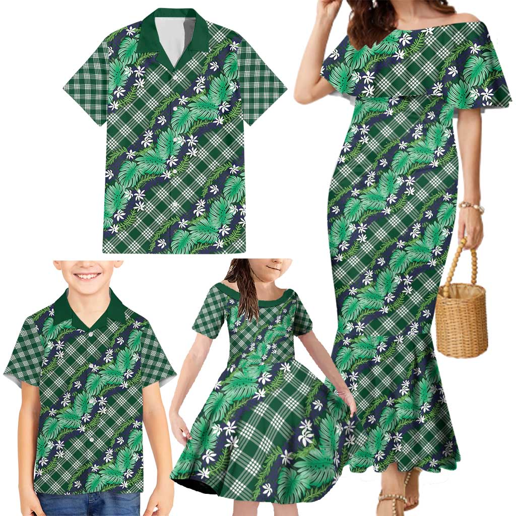 Polynesian Monstera Tiare Floral Family Matching Mermaid Dress and Hawaiian Shirt Forest Green Tropical Plaid LT01 - Polynesian Pride