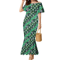 Polynesian Monstera Tiare Floral Family Matching Mermaid Dress and Hawaiian Shirt Forest Green Tropical Plaid LT01 Mom's Dress Green - Polynesian Pride