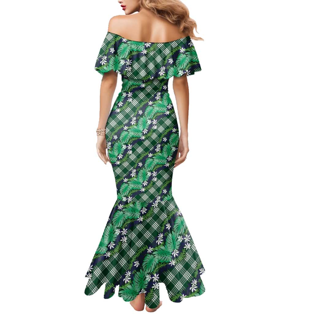 Polynesian Monstera Tiare Floral Family Matching Mermaid Dress and Hawaiian Shirt Forest Green Tropical Plaid LT01 - Polynesian Pride