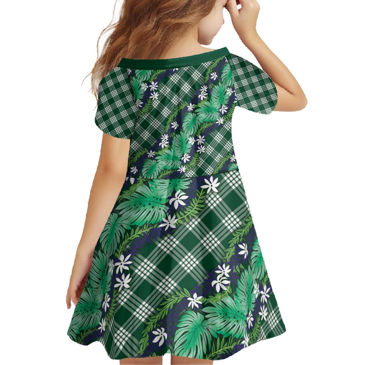 Polynesian Monstera Tiare Floral Family Matching Off The Shoulder Long Sleeve Dress and Hawaiian Shirt Forest Green Tropical Plaid LT01 - Polynesian Pride