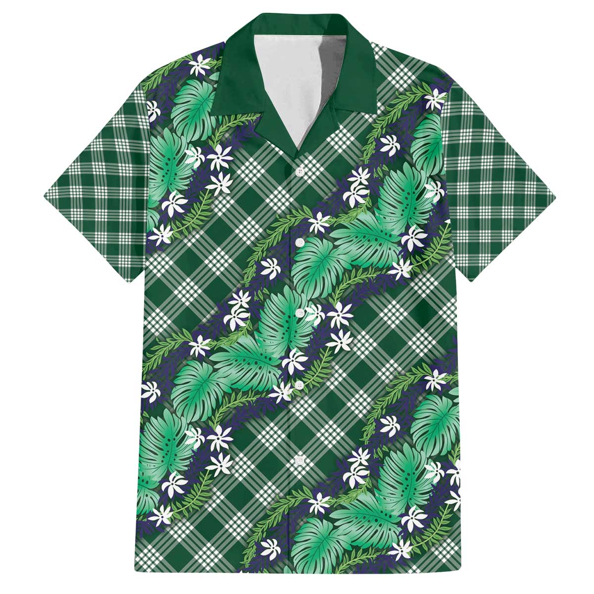 Polynesian Monstera Tiare Floral Family Matching Off The Shoulder Long Sleeve Dress and Hawaiian Shirt Forest Green Tropical Plaid LT01 Dad's Shirt - Short Sleeve Green - Polynesian Pride