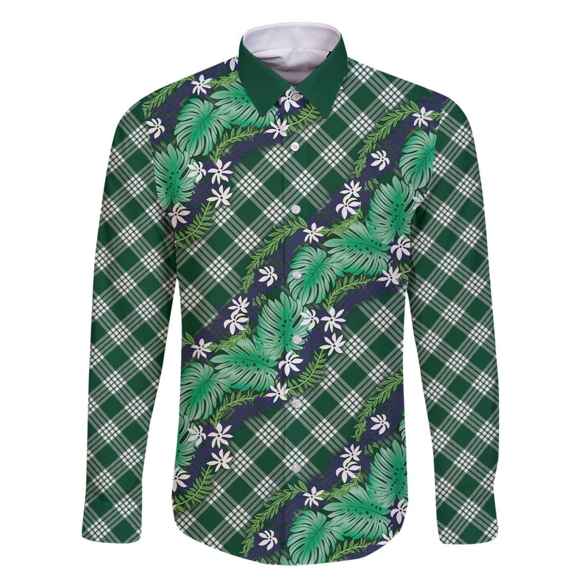 Polynesian Monstera Tiare Floral Family Matching Off The Shoulder Long Sleeve Dress and Hawaiian Shirt Forest Green Tropical Plaid LT01 Dad's Shirt - Long Sleeve Green - Polynesian Pride