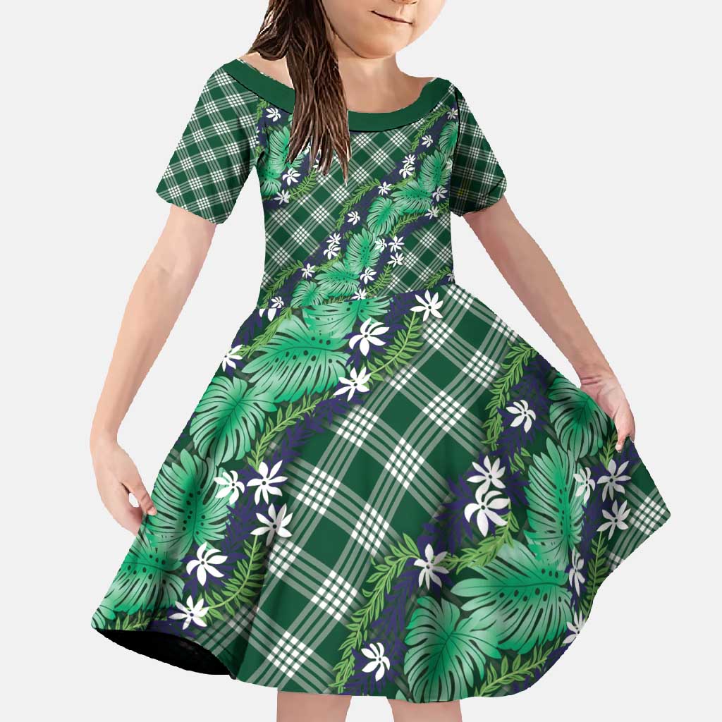 Polynesian Monstera Tiare Floral Family Matching Off Shoulder Maxi Dress and Hawaiian Shirt Forest Green Tropical Plaid LT01 Daughter's Dress Green - Polynesian Pride