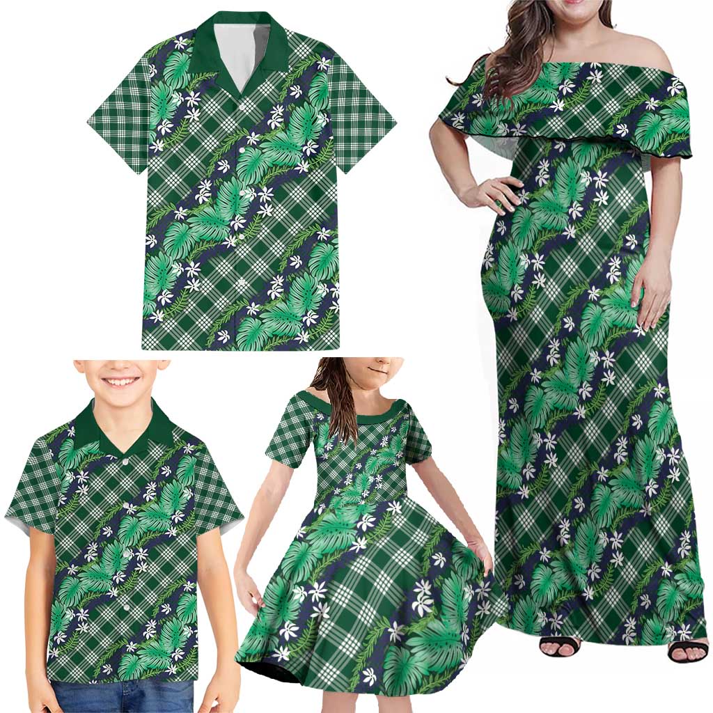 Polynesian Monstera Tiare Floral Family Matching Off Shoulder Maxi Dress and Hawaiian Shirt Forest Green Tropical Plaid LT01 - Polynesian Pride