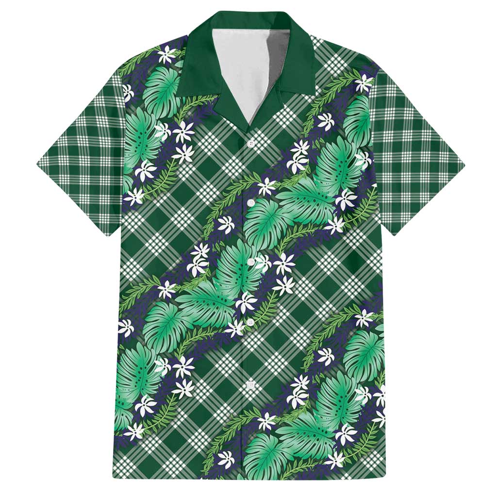 Polynesian Monstera Tiare Floral Family Matching Off Shoulder Maxi Dress and Hawaiian Shirt Forest Green Tropical Plaid LT01 Dad's Shirt - Short Sleeve Green - Polynesian Pride