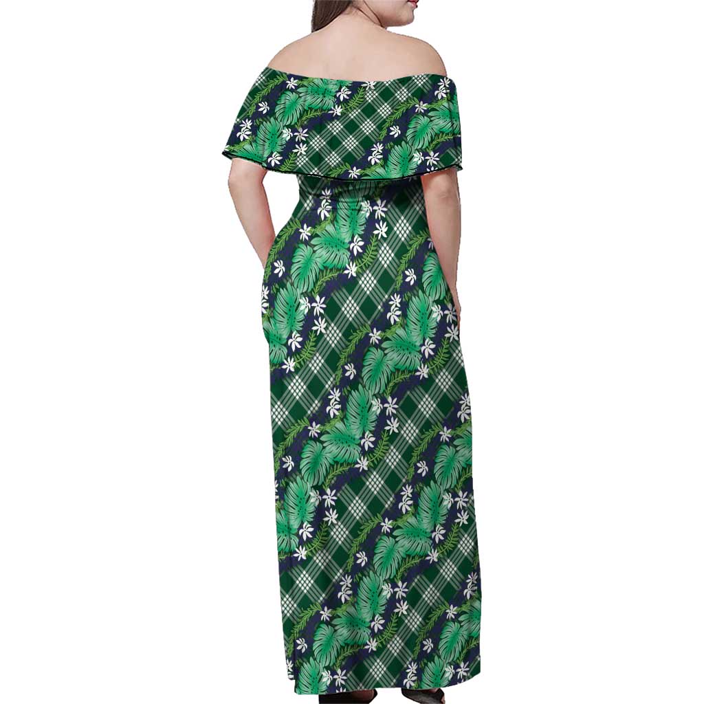 Polynesian Monstera Tiare Floral Family Matching Off Shoulder Maxi Dress and Hawaiian Shirt Forest Green Tropical Plaid LT01 - Polynesian Pride