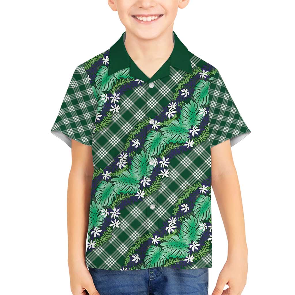 Polynesian Monstera Tiare Floral Family Matching Off Shoulder Maxi Dress and Hawaiian Shirt Forest Green Tropical Plaid LT01 Son's Shirt Green - Polynesian Pride