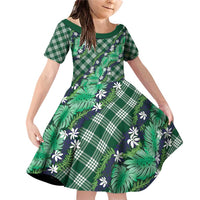 Polynesian Monstera Tiare Floral Family Matching Off Shoulder Short Dress and Hawaiian Shirt Forest Green Tropical Plaid LT01 Daughter's Dress Green - Polynesian Pride