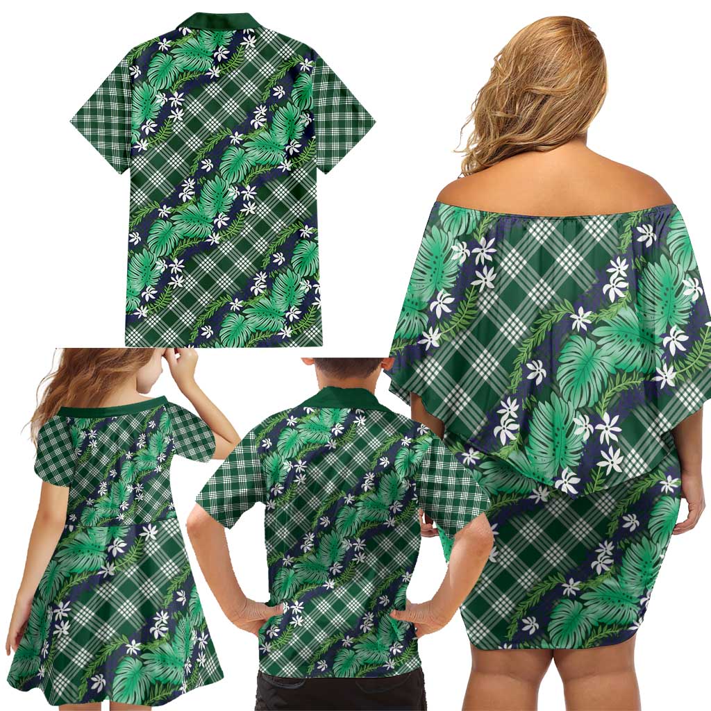 Polynesian Monstera Tiare Floral Family Matching Off Shoulder Short Dress and Hawaiian Shirt Forest Green Tropical Plaid LT01 - Polynesian Pride