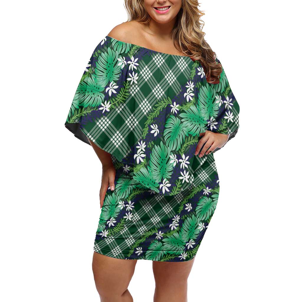 Polynesian Monstera Tiare Floral Family Matching Off Shoulder Short Dress and Hawaiian Shirt Forest Green Tropical Plaid LT01 Mom's Dress Green - Polynesian Pride