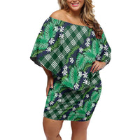 Polynesian Monstera Tiare Floral Family Matching Off Shoulder Short Dress and Hawaiian Shirt Forest Green Tropical Plaid LT01 Mom's Dress Green - Polynesian Pride