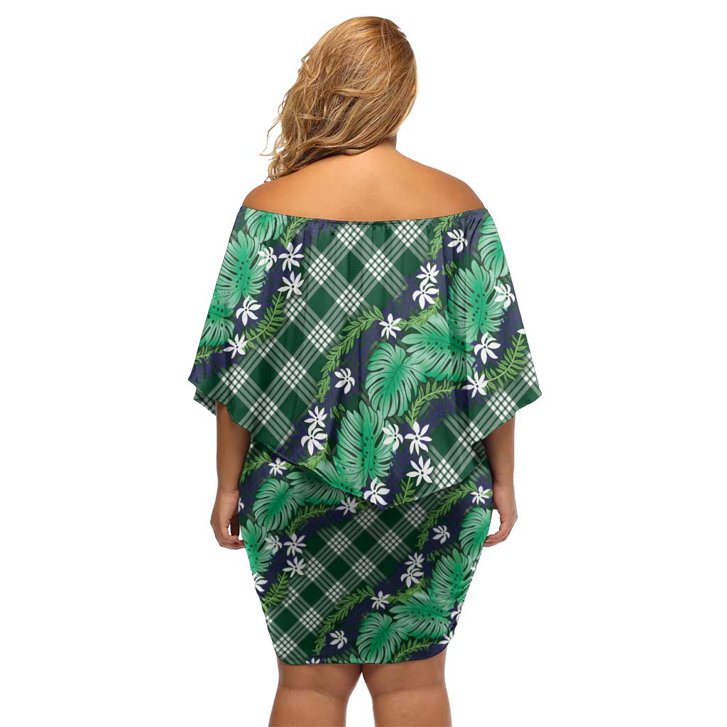 Polynesian Monstera Tiare Floral Family Matching Off Shoulder Short Dress and Hawaiian Shirt Forest Green Tropical Plaid LT01 - Polynesian Pride